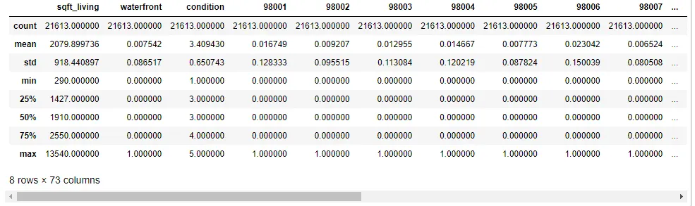 Scaling  - summary of the encoded dataset using describe