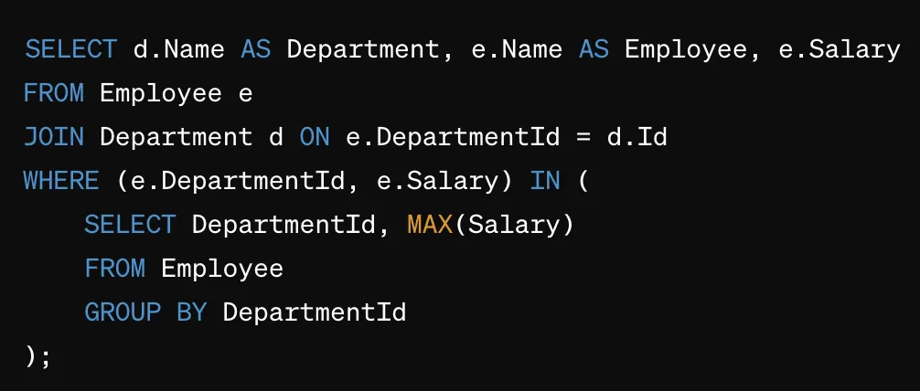 SQL Interview Questions and Answers: Department Highest Salary - Solution Query