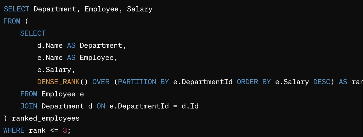 SQL Interview Questions and Answers: DENSE_RANK  IN SQL Query to get Top 2 highest earner per department