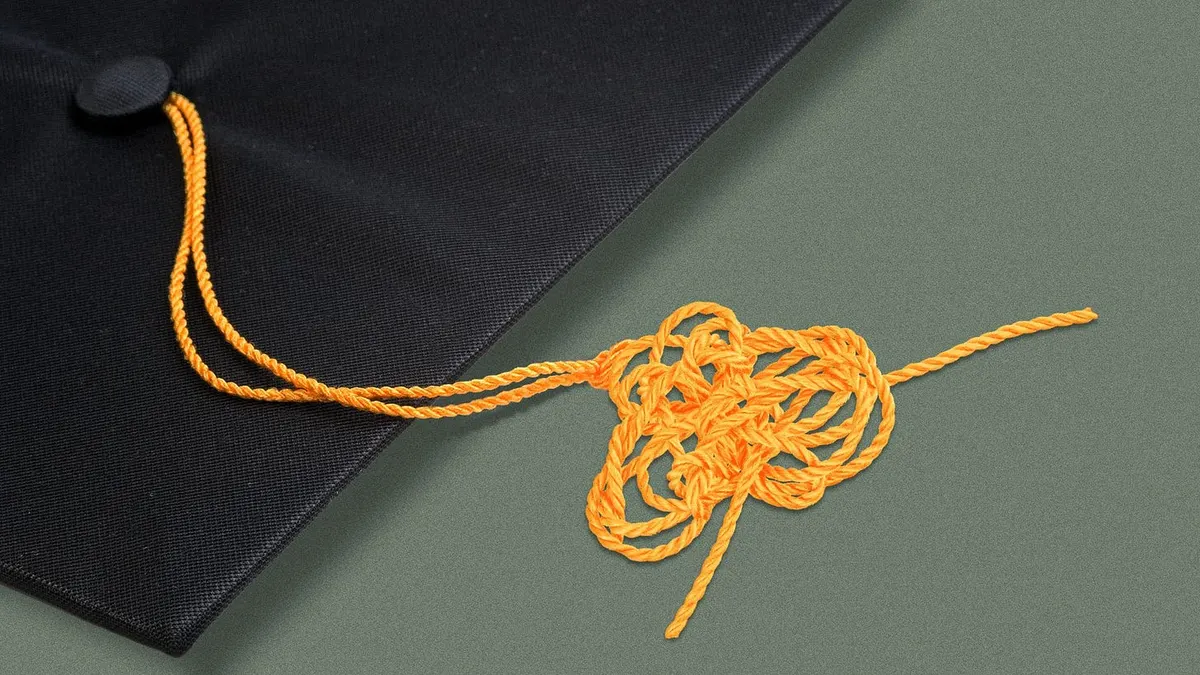 Illustration of a tangled tassel hanging from a graduation cap. Illustration of a tangled tassel hanging from a graduation cap.